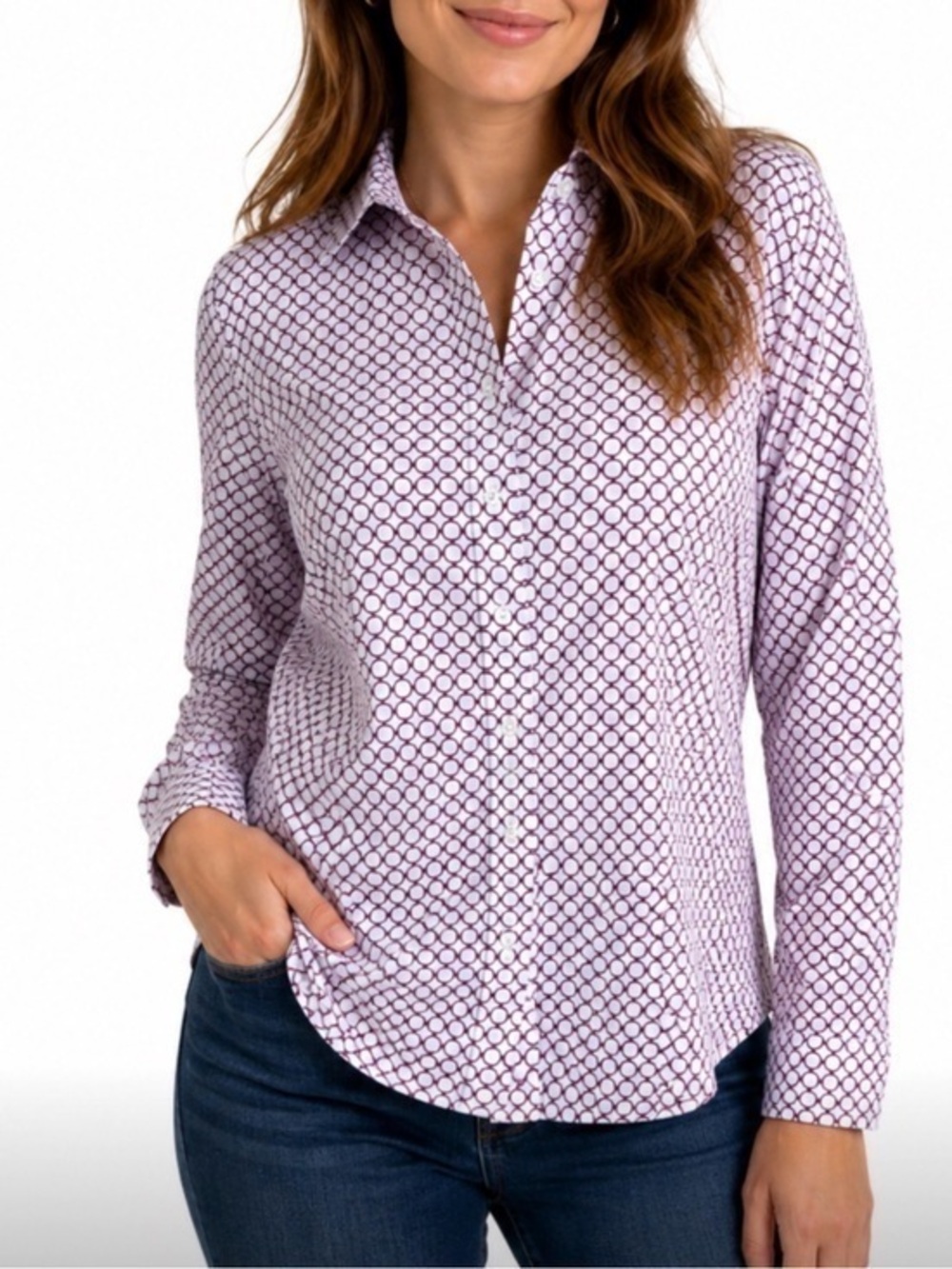 Talbots Blouse Top collared Button Up Pink Circle Geometric Pattern Sz 6 Petite